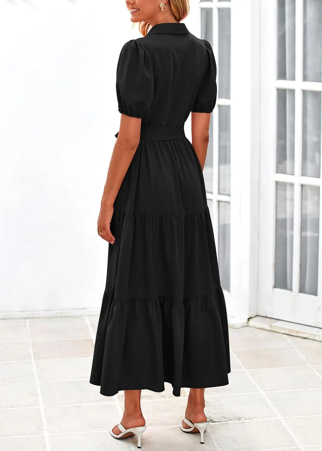 MASCOMODA Womens Summer Dresses 2025 Short Sleeve Maxi Dress Casual V Neck Button Down Tiered A Line Flowy Midi Shirt Dress