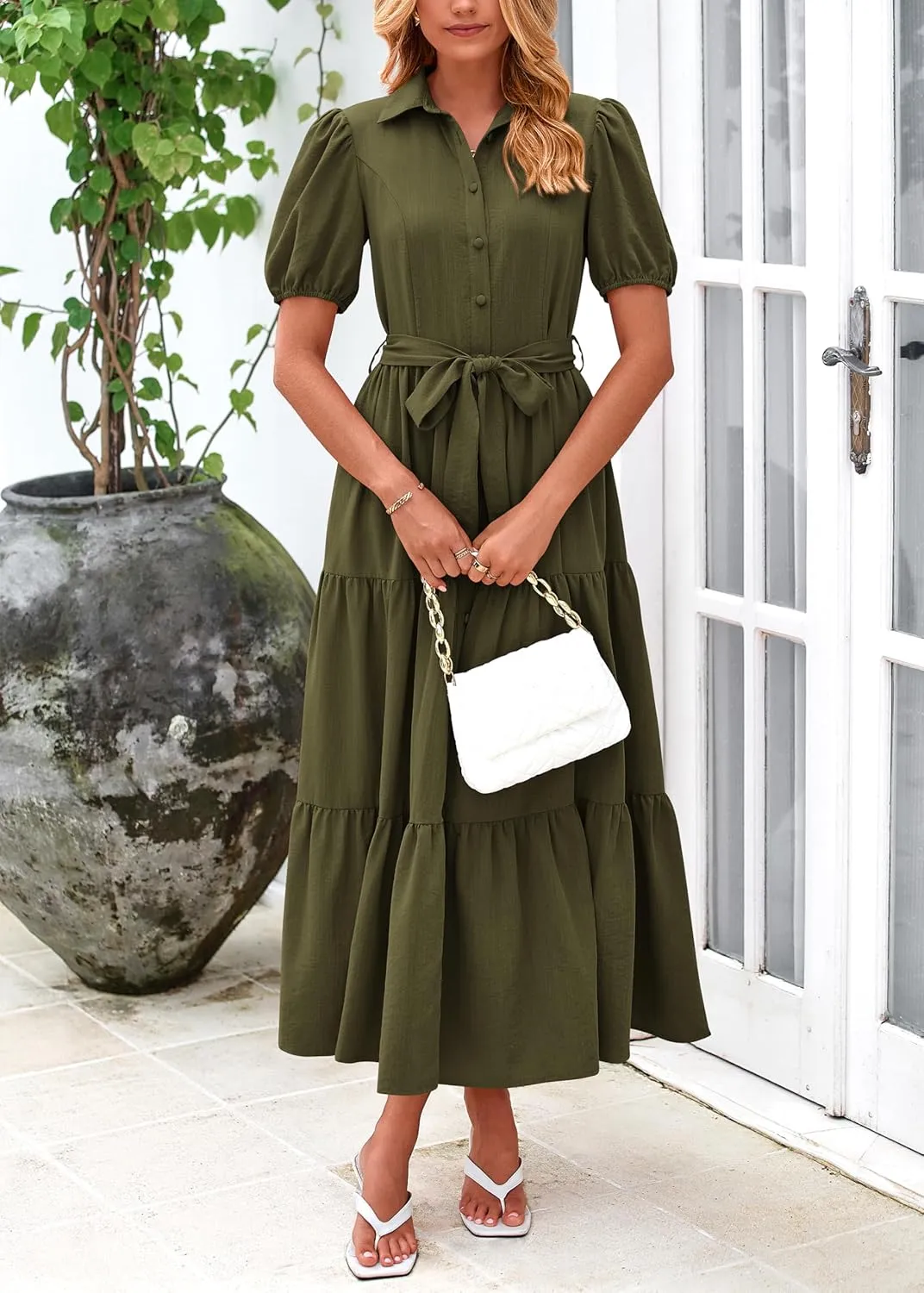 MASCOMODA Womens Summer Dresses 2025 Short Sleeve Maxi Dress Casual V Neck Button Down Tiered A Line Flowy Midi Shirt Dress
