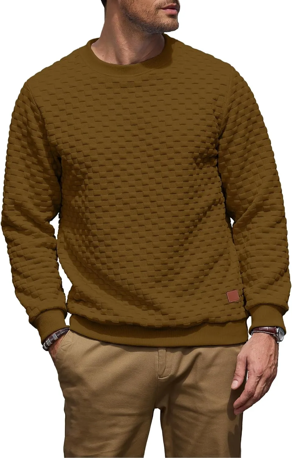 Men's Crewneck Sweatshirts Solid Color Checkered 3D Texture Long Sleeve Casual Basics Pullover Shirt