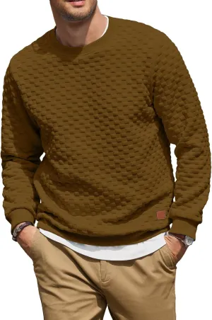 Men's Crewneck Sweatshirts Solid Color Checkered 3D Texture Long Sleeve Casual Basics Pullover Shirt