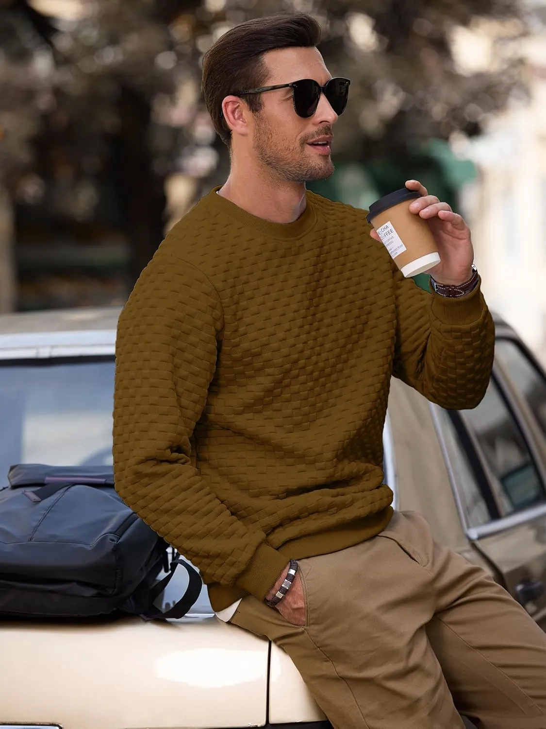 Men's Crewneck Sweatshirts Solid Color Checkered 3D Texture Long Sleeve Casual Basics Pullover Shirt