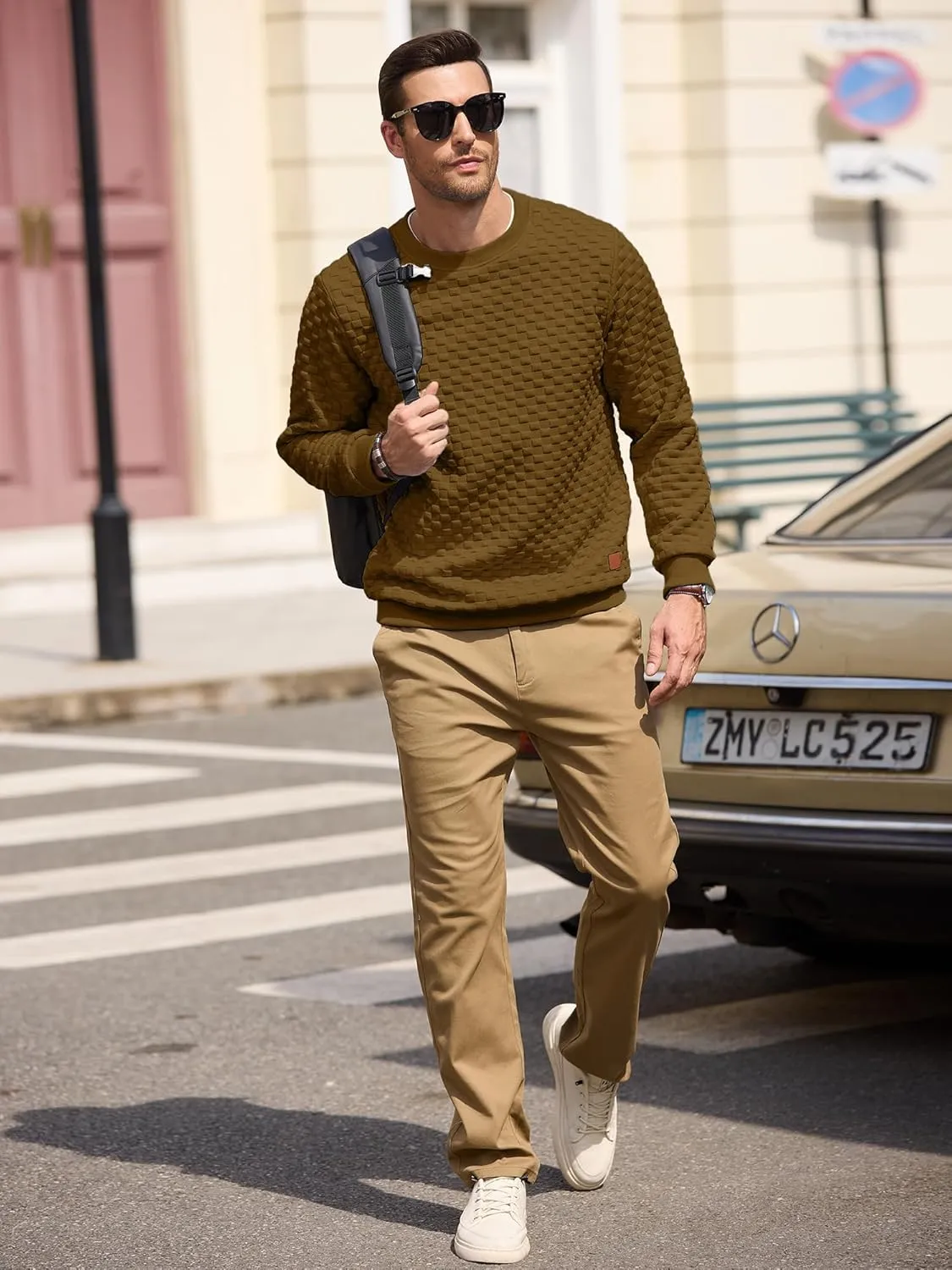 Men's Crewneck Sweatshirts Solid Color Checkered 3D Texture Long Sleeve Casual Basics Pullover Shirt