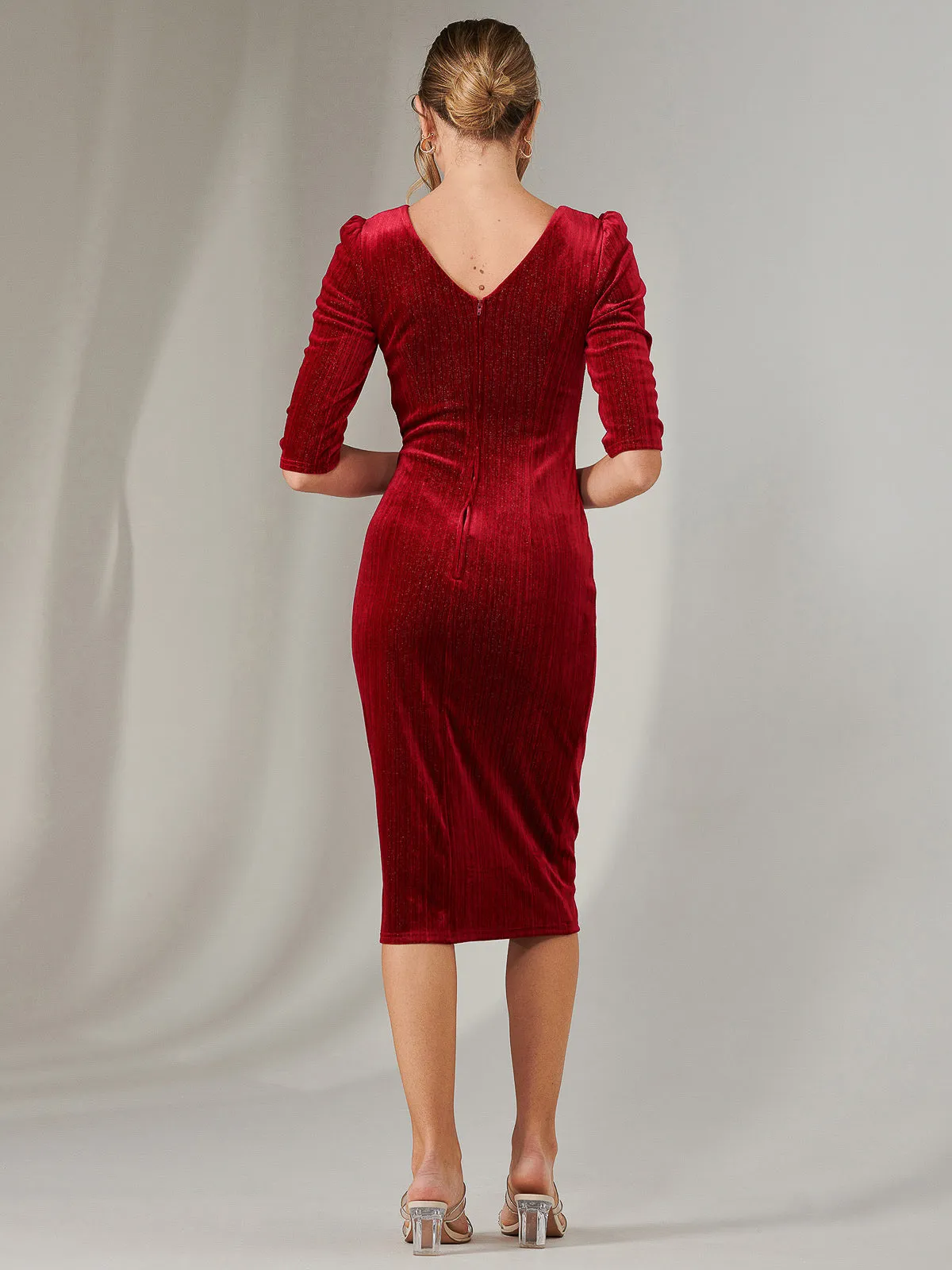 Metallic Thread Velvet Midi Dress, Burgundy