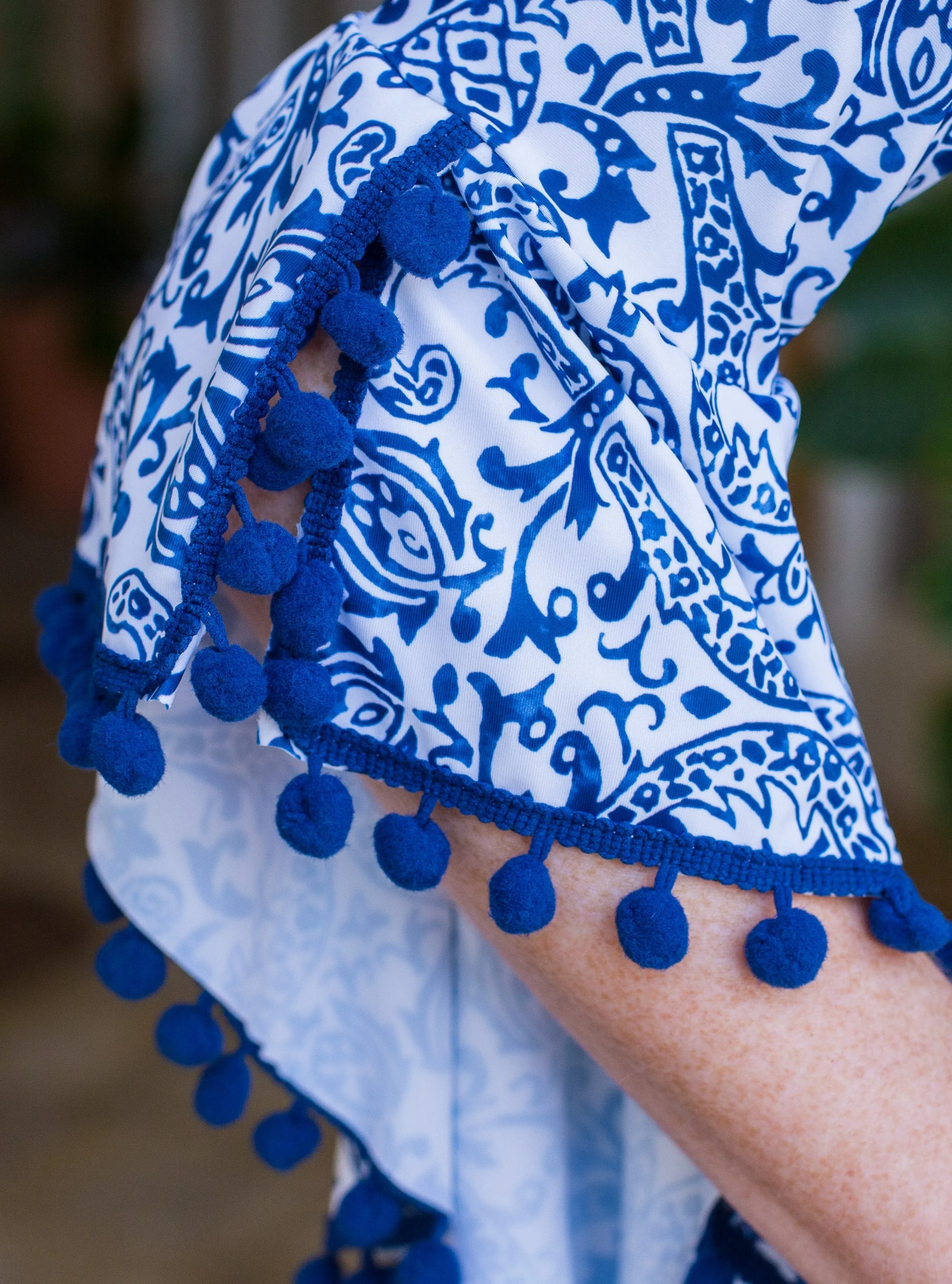 Michelle Dress in Blue Pineapple w/ Blue Pom Poms
