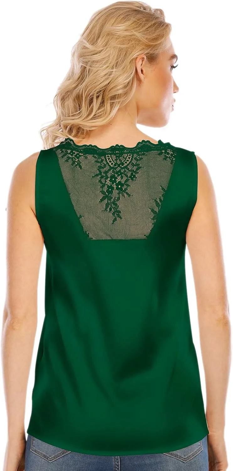 Miqieer Women's Silk V Neck Camisole Lace Racerback Tank Tops Casual Loose Sleeveless Blouse Shirts
