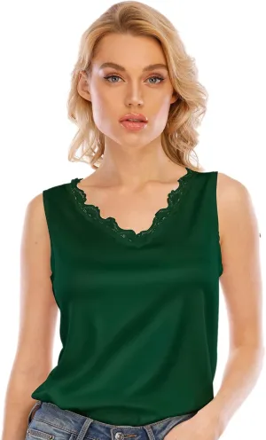 Miqieer Women's Silk V Neck Camisole Lace Racerback Tank Tops Casual Loose Sleeveless Blouse Shirts