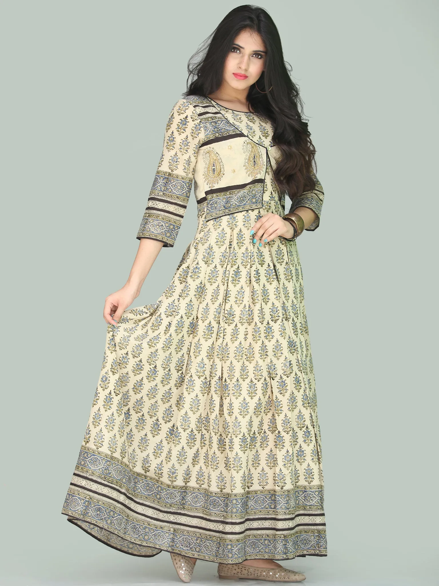 Naaz Jhara - Hand Block Printed Long Cotton Embroidered Jacket Dress - DS110F001
