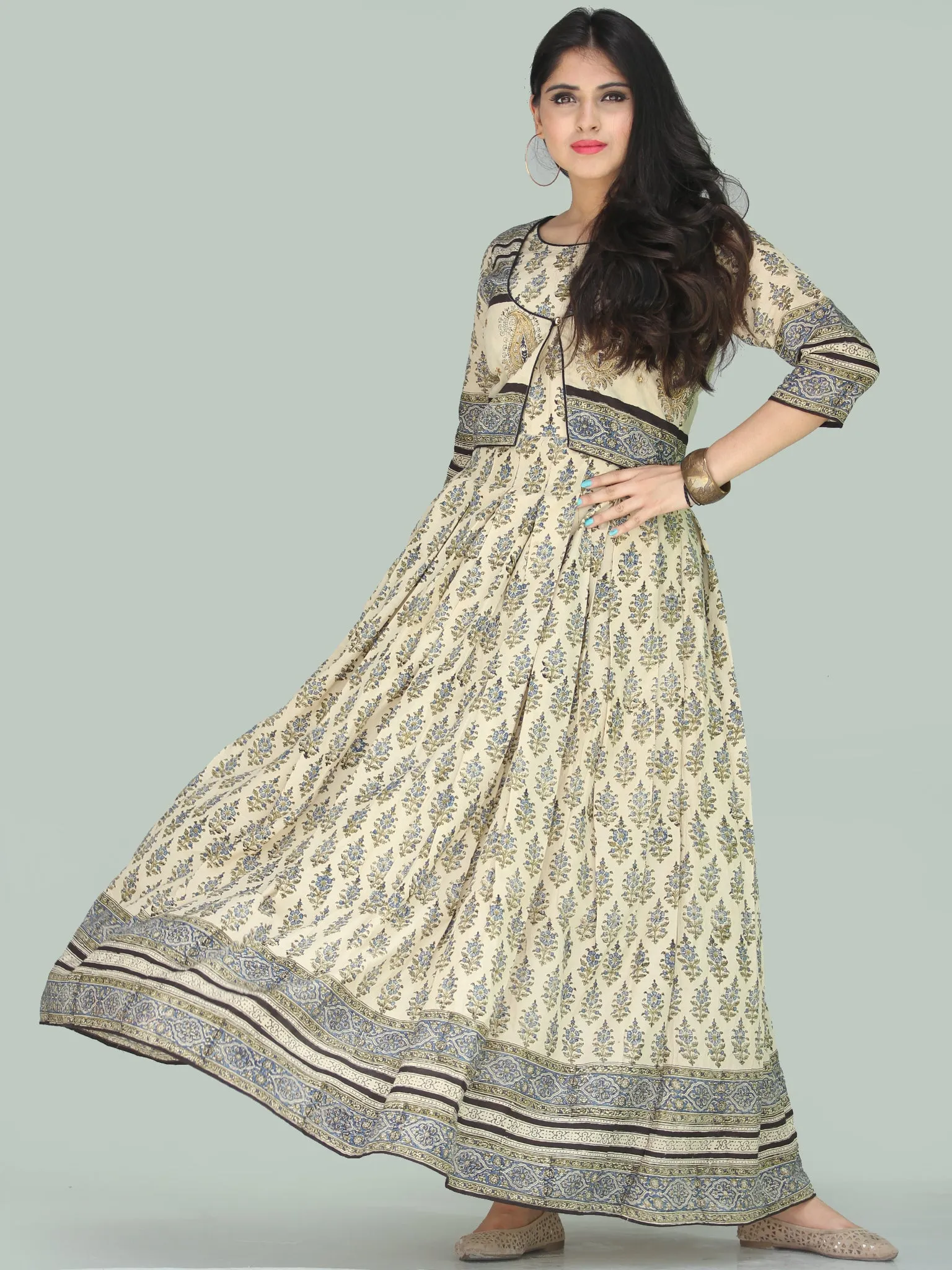 Naaz Jhara - Hand Block Printed Long Cotton Embroidered Jacket Dress - DS110F001