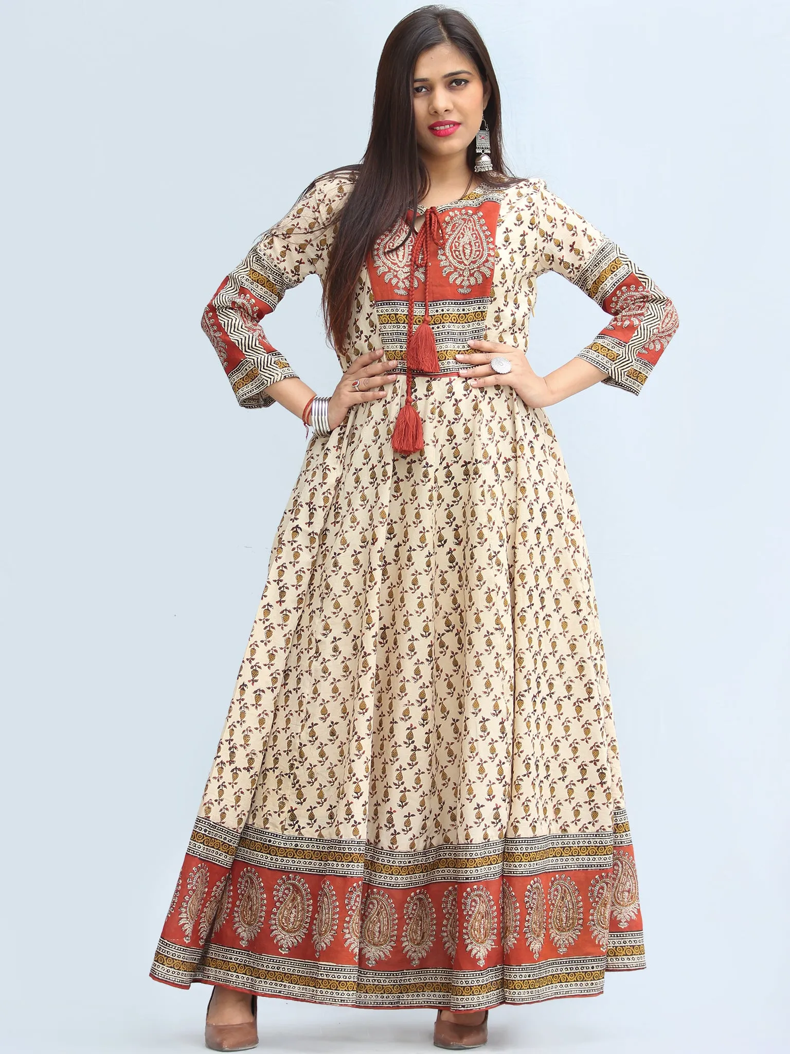 Naaz Mirza - Hand Block Printed Long Cotton Dress With Lining - DS06F003