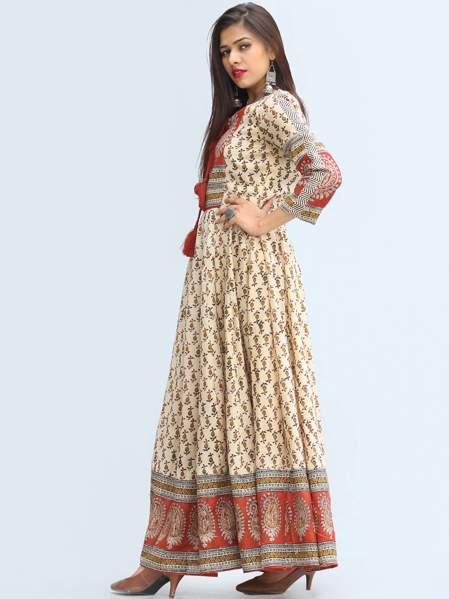 Naaz Mirza - Hand Block Printed Long Cotton Dress With Lining - DS06F003