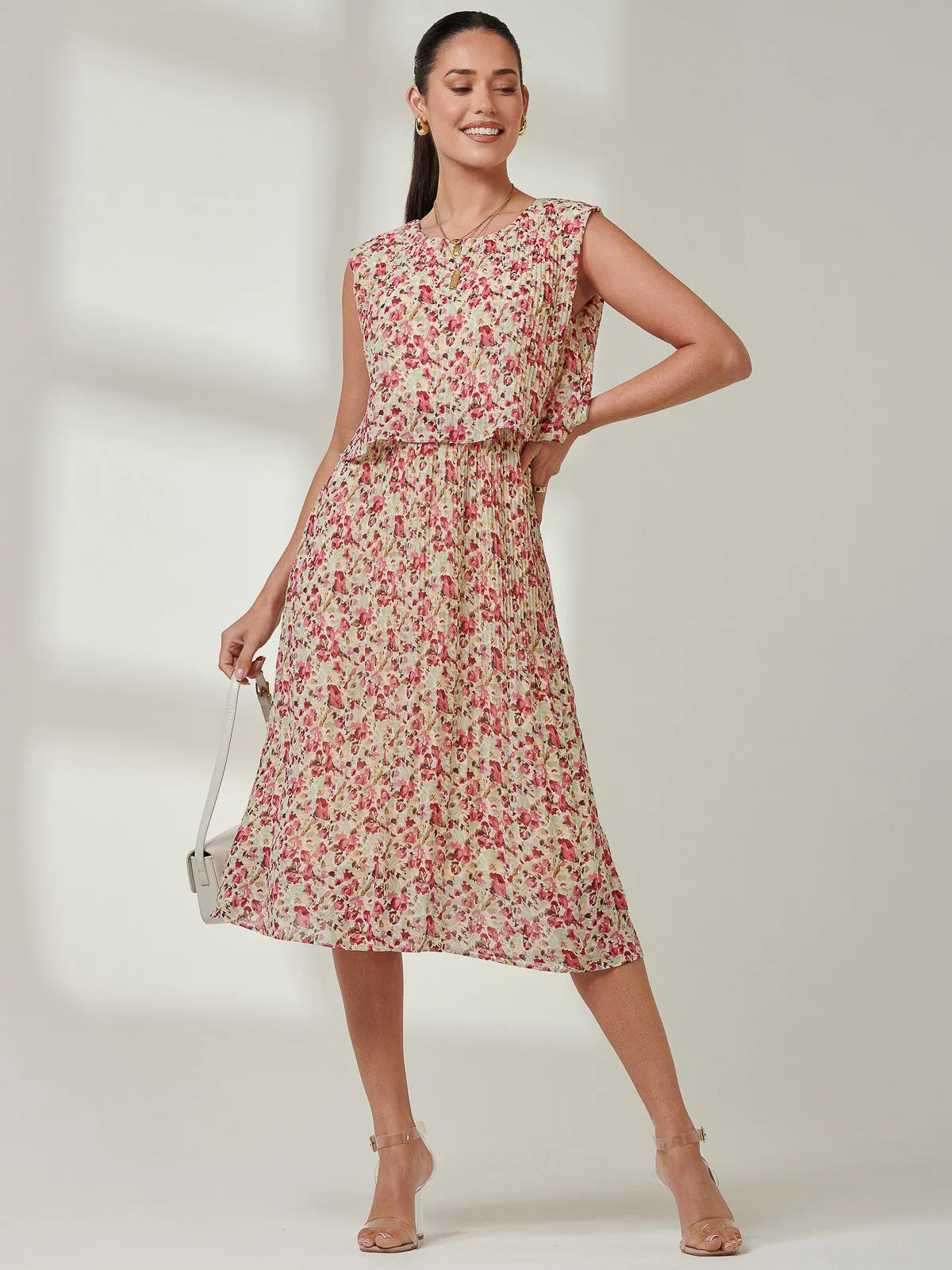 Olena Pleated Overlay Chiffon Midi Dress, Red Multi