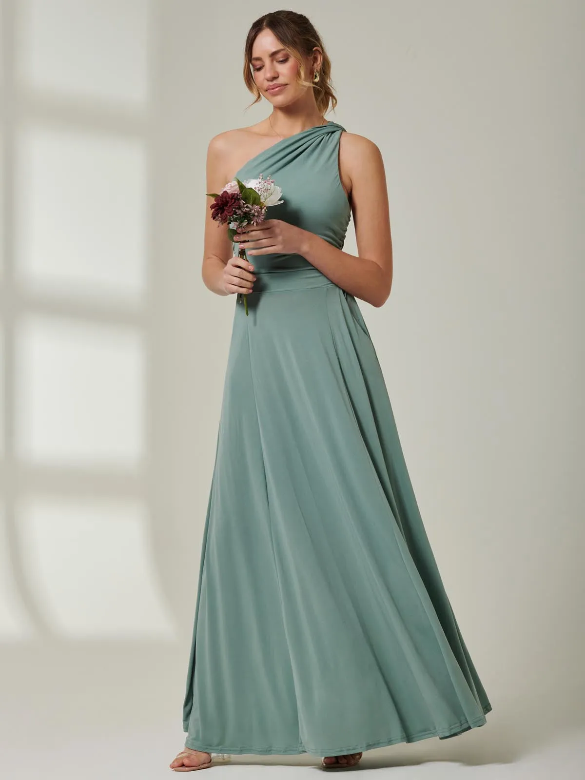 One Shoulder Jersey Maxi Dress, Green