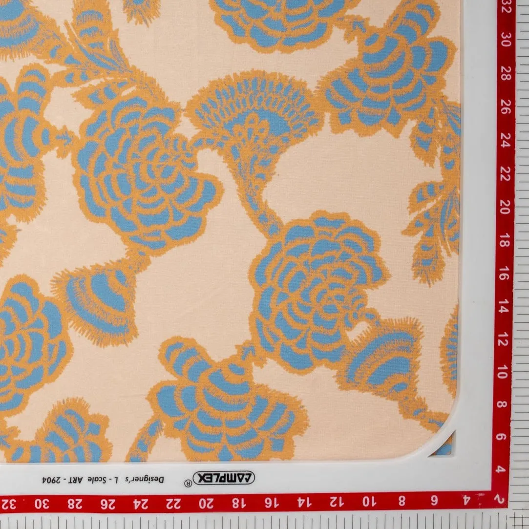 Peach Aqua Blue Floral Digital Print Moss Crepe Fabric