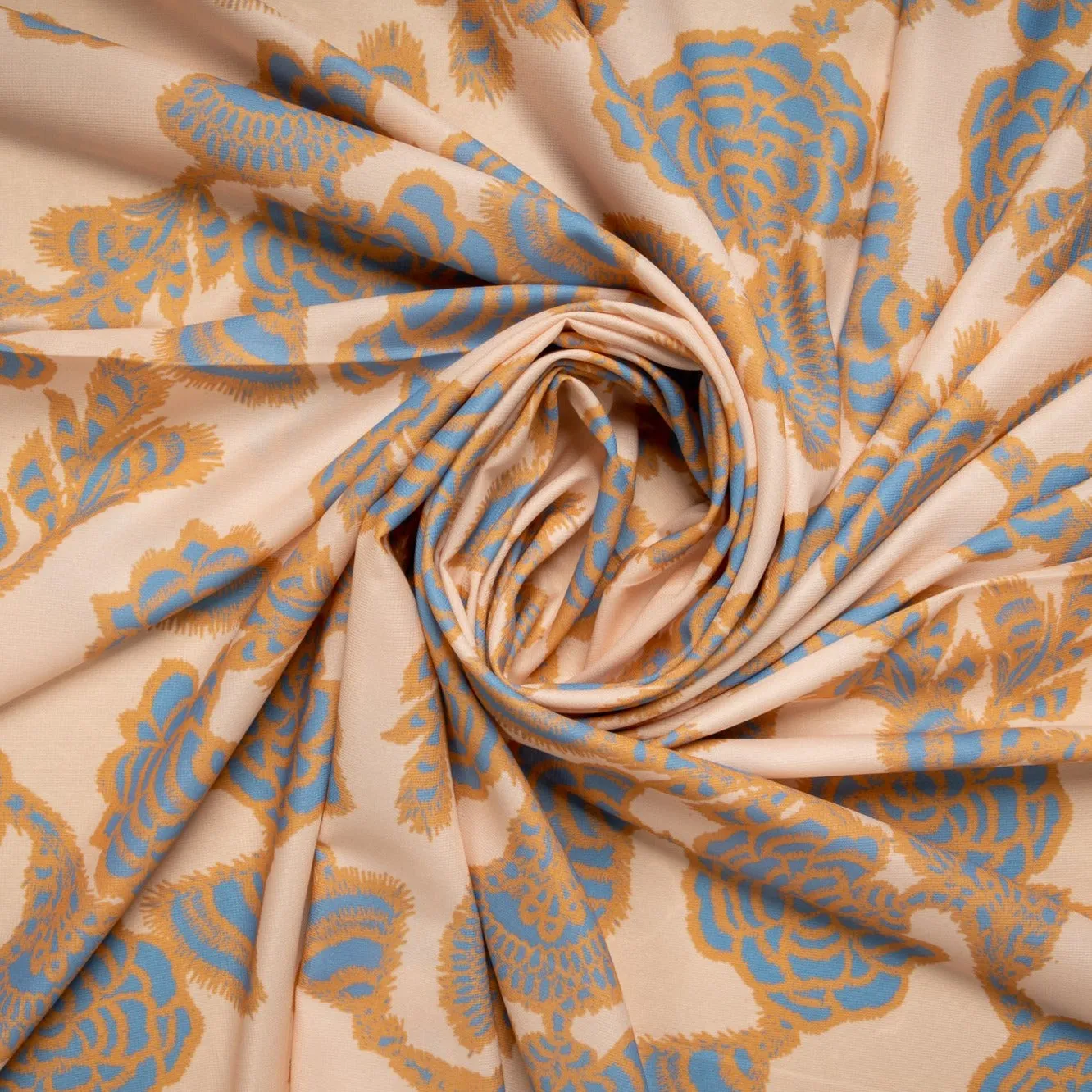 Peach Aqua Blue Floral Digital Print Moss Crepe Fabric