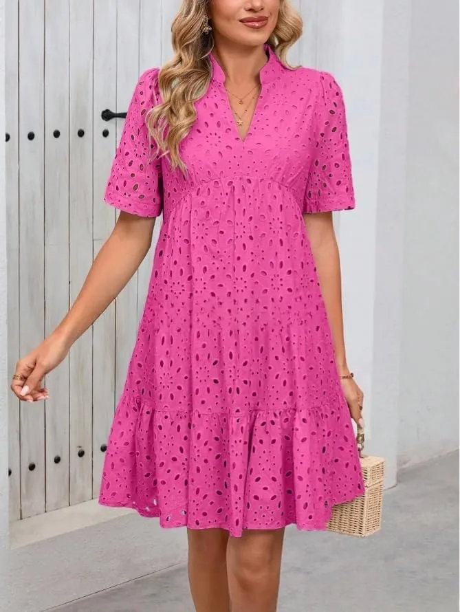 Pink Laura Eyelet Dress, Eyelet Summer Dresses for Women Mini Casual Hollow Out Short Sleeve Lace Tiered V Neck Shift Dress