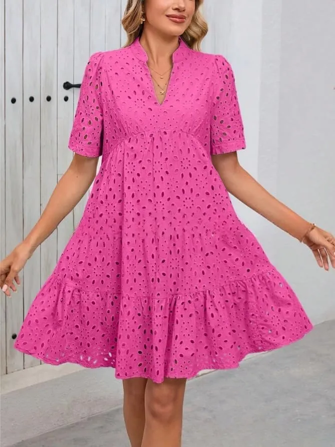 Pink Laura Eyelet Dress, Eyelet Summer Dresses for Women Mini Casual Hollow Out Short Sleeve Lace Tiered V Neck Shift Dress