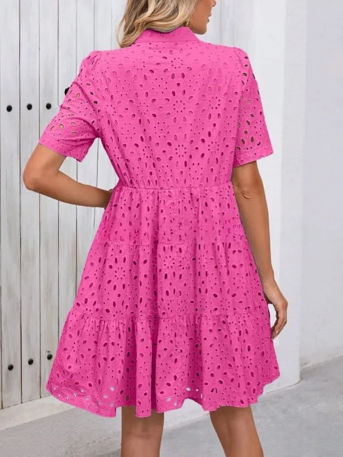 Pink Laura Eyelet Dress, Eyelet Summer Dresses for Women Mini Casual Hollow Out Short Sleeve Lace Tiered V Neck Shift Dress