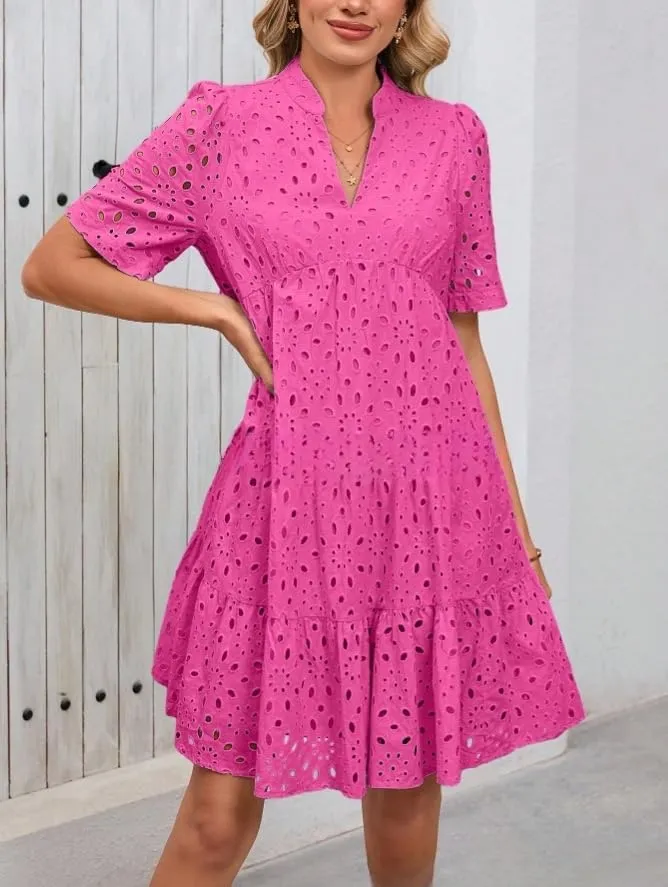 Pink Laura Eyelet Dress, Eyelet Summer Dresses for Women Mini Casual Hollow Out Short Sleeve Lace Tiered V Neck Shift Dress