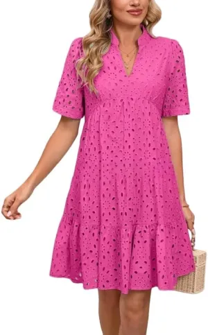 Pink Laura Eyelet Dress, Eyelet Summer Dresses for Women Mini Casual Hollow Out Short Sleeve Lace Tiered V Neck Shift Dress