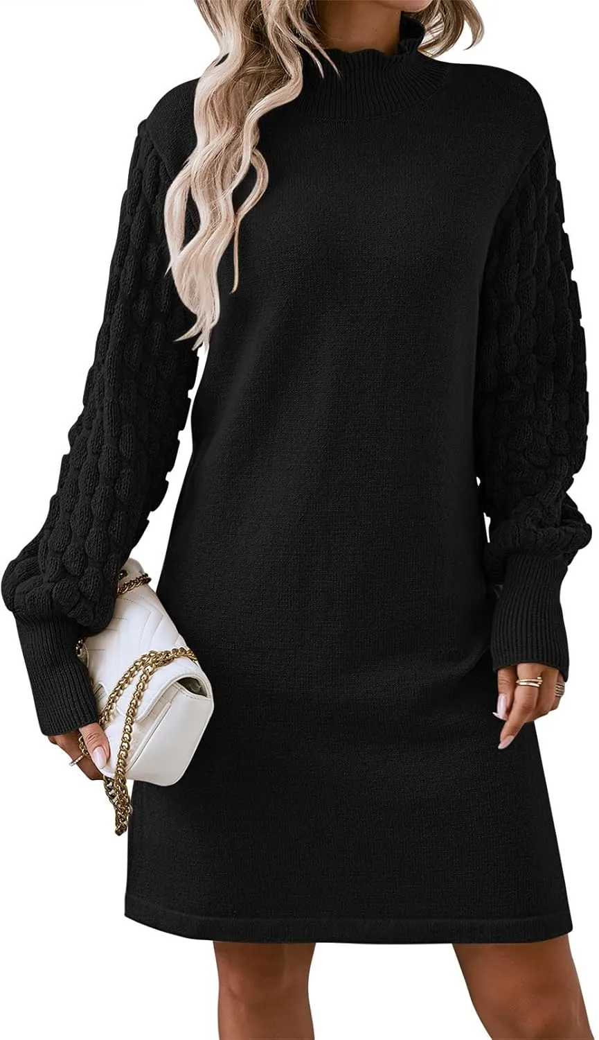 Pink Queen Women's Long Sleeve Sweater Mini Dress Casual Loose Mock Neck Empire Waist Cocktail Party Knit Short Dresses