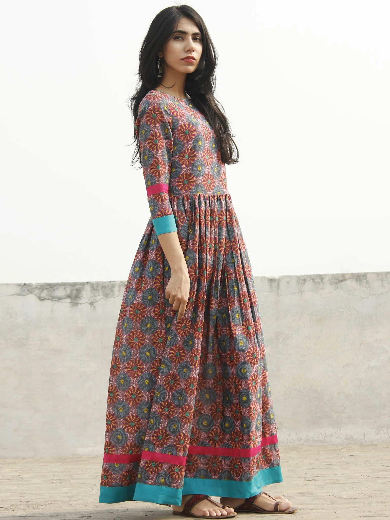 Pink Sea Green Yellow Magenta Hand Blocked Cotton Long Dress With Back Details - D136F778