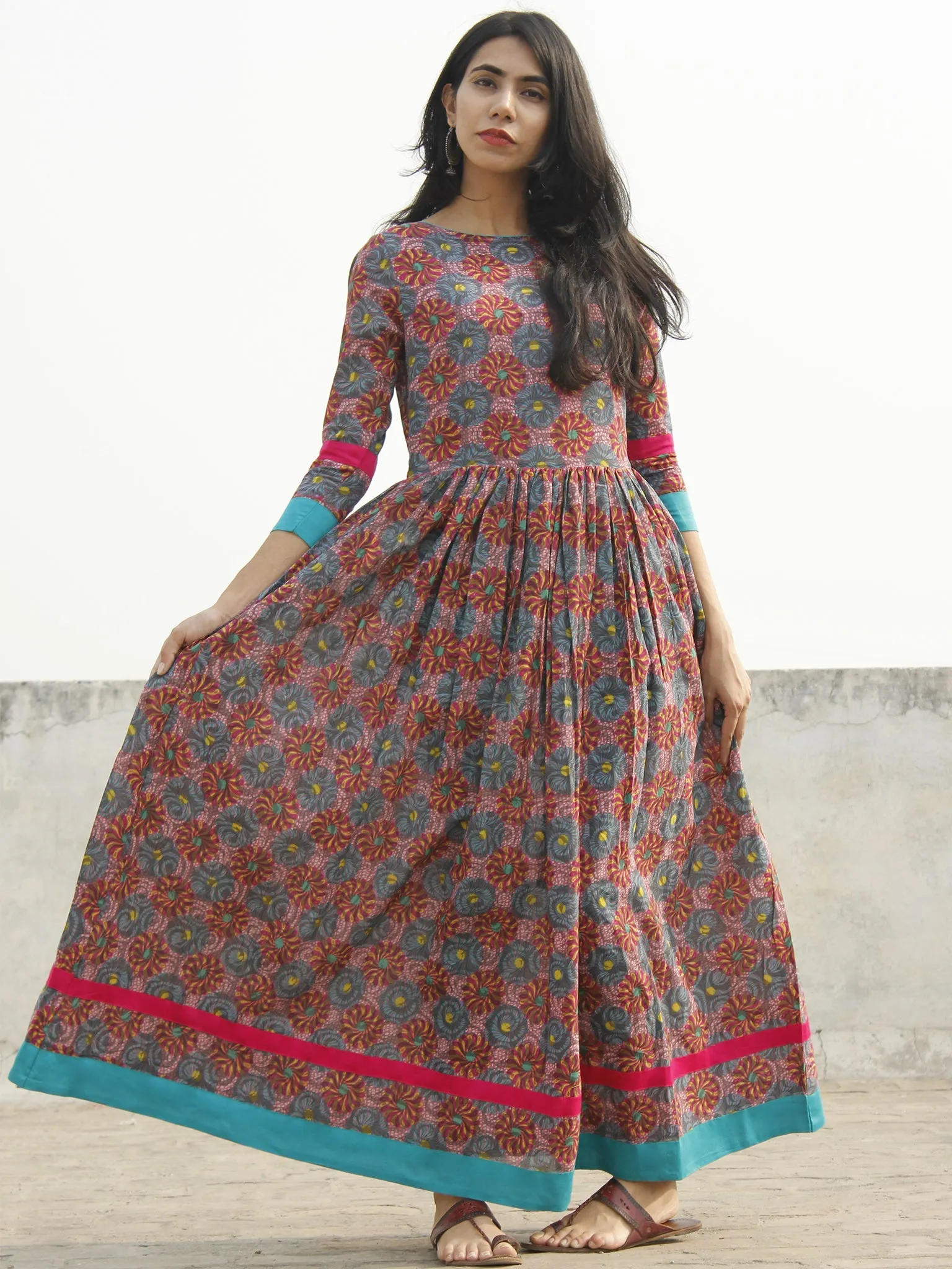 Pink Sea Green Yellow Magenta Hand Blocked Cotton Long Dress With Back Details - D136F778