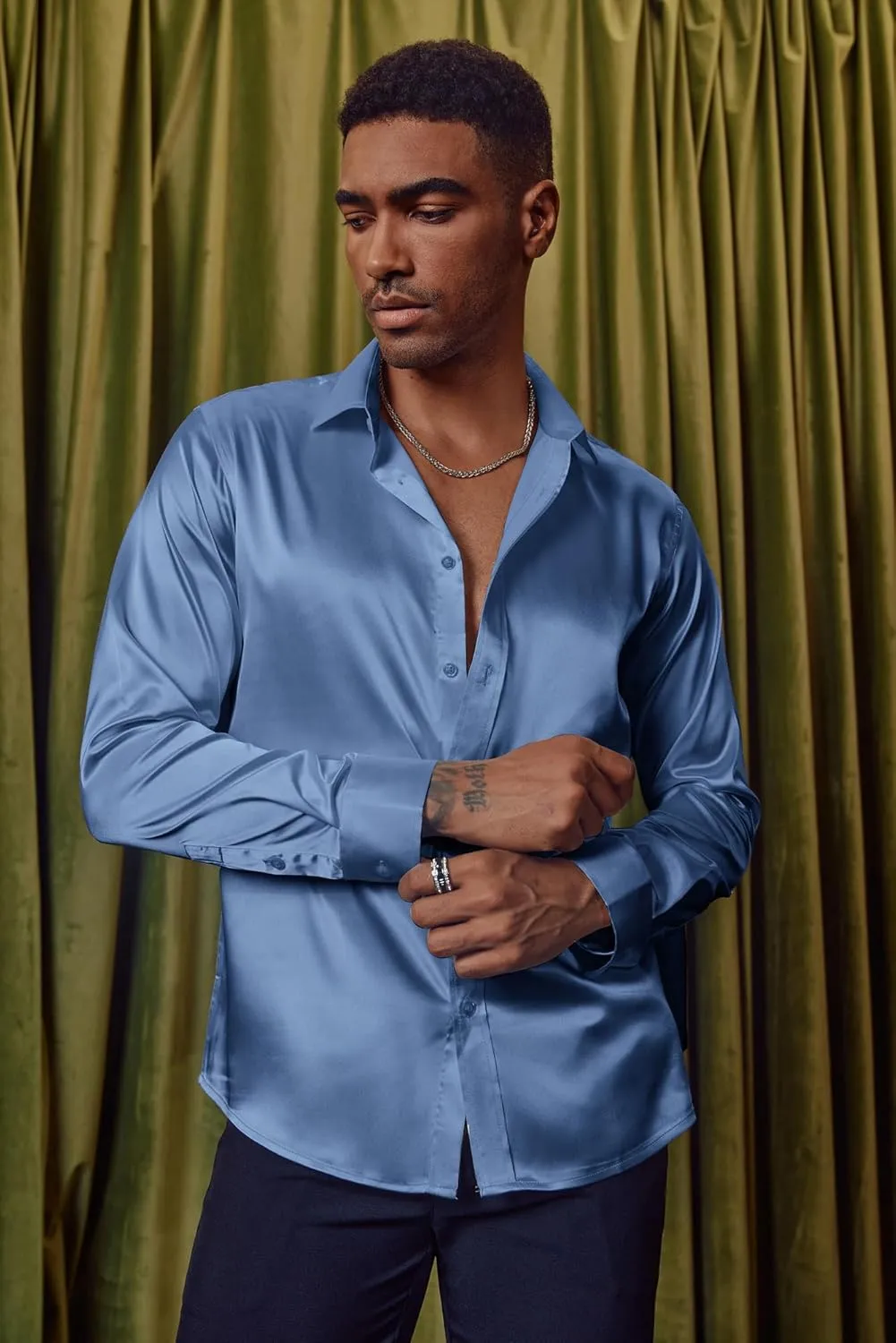 PJ PAUL JONES Men's Shiny Satin Dress Shirts Long Sleeve Button Down Silk Shirt with Bow Tie
