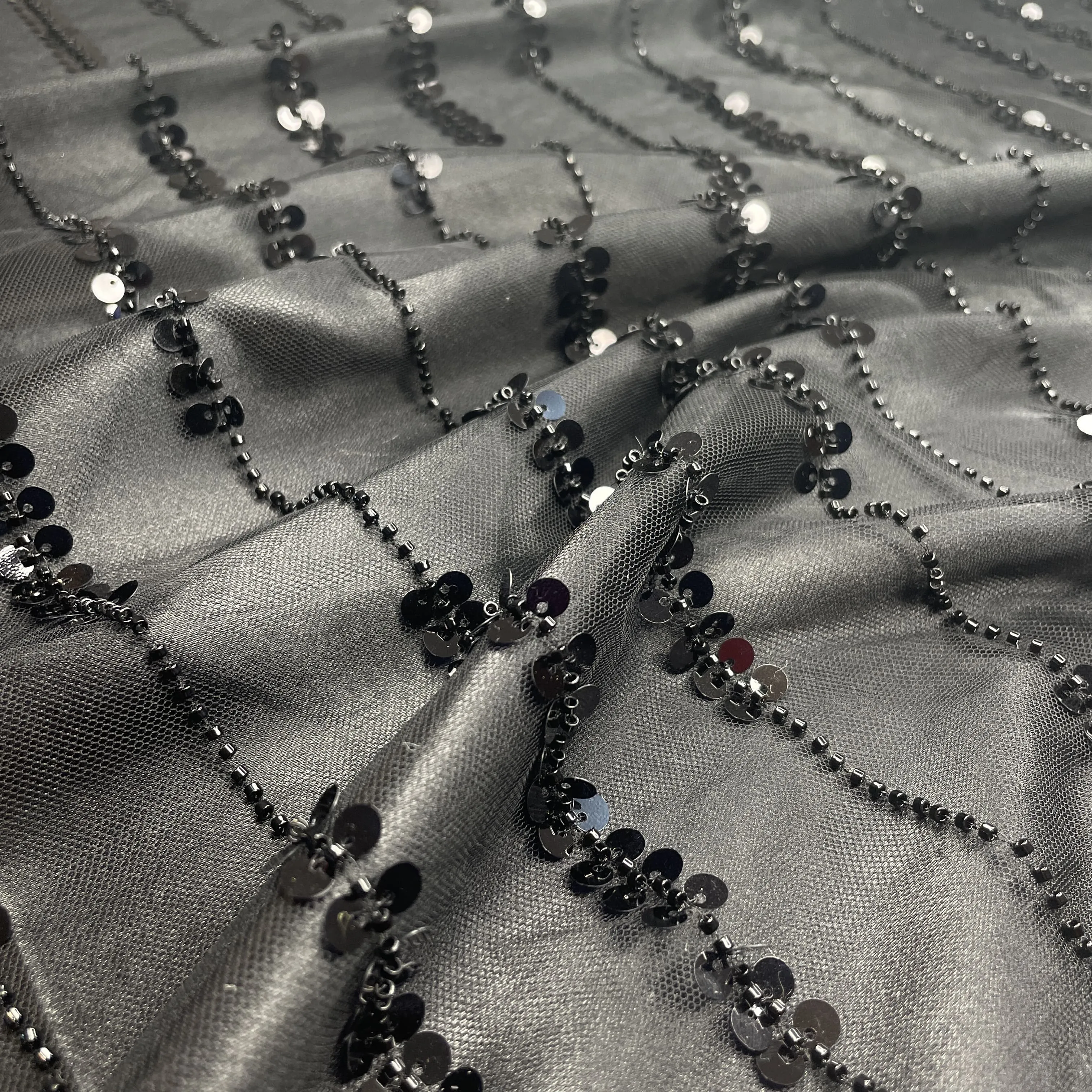 Premium Black Pearl Stripes Floral Heavy Sequins Embroidery Net Fabric
