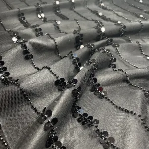 Premium Black Pearl Stripes Floral Heavy Sequins Embroidery Net Fabric