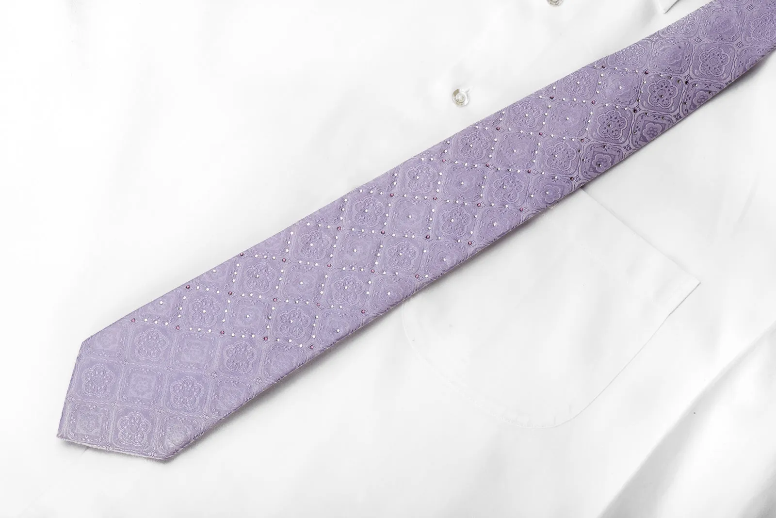 Premium Royal Men's Crystal Necktie Medallions On Mauve Silk Sparkling With Rhinestones