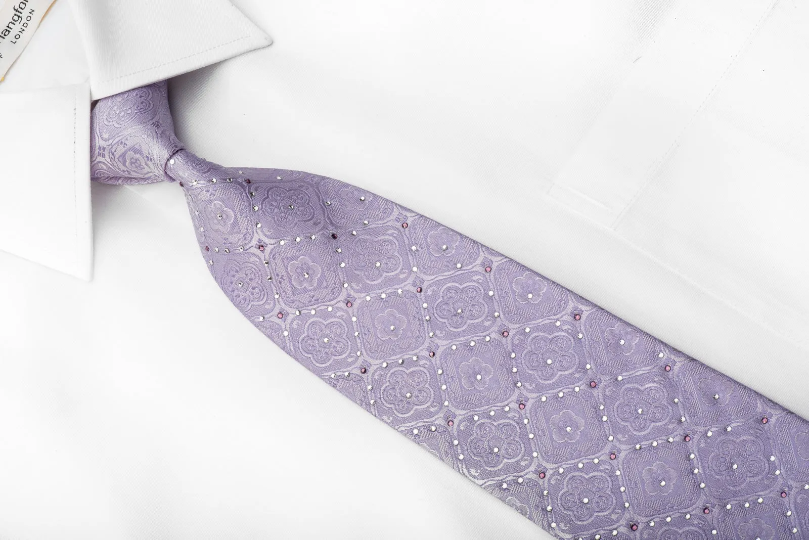 Premium Royal Men's Crystal Necktie Medallions On Mauve Silk Sparkling With Rhinestones