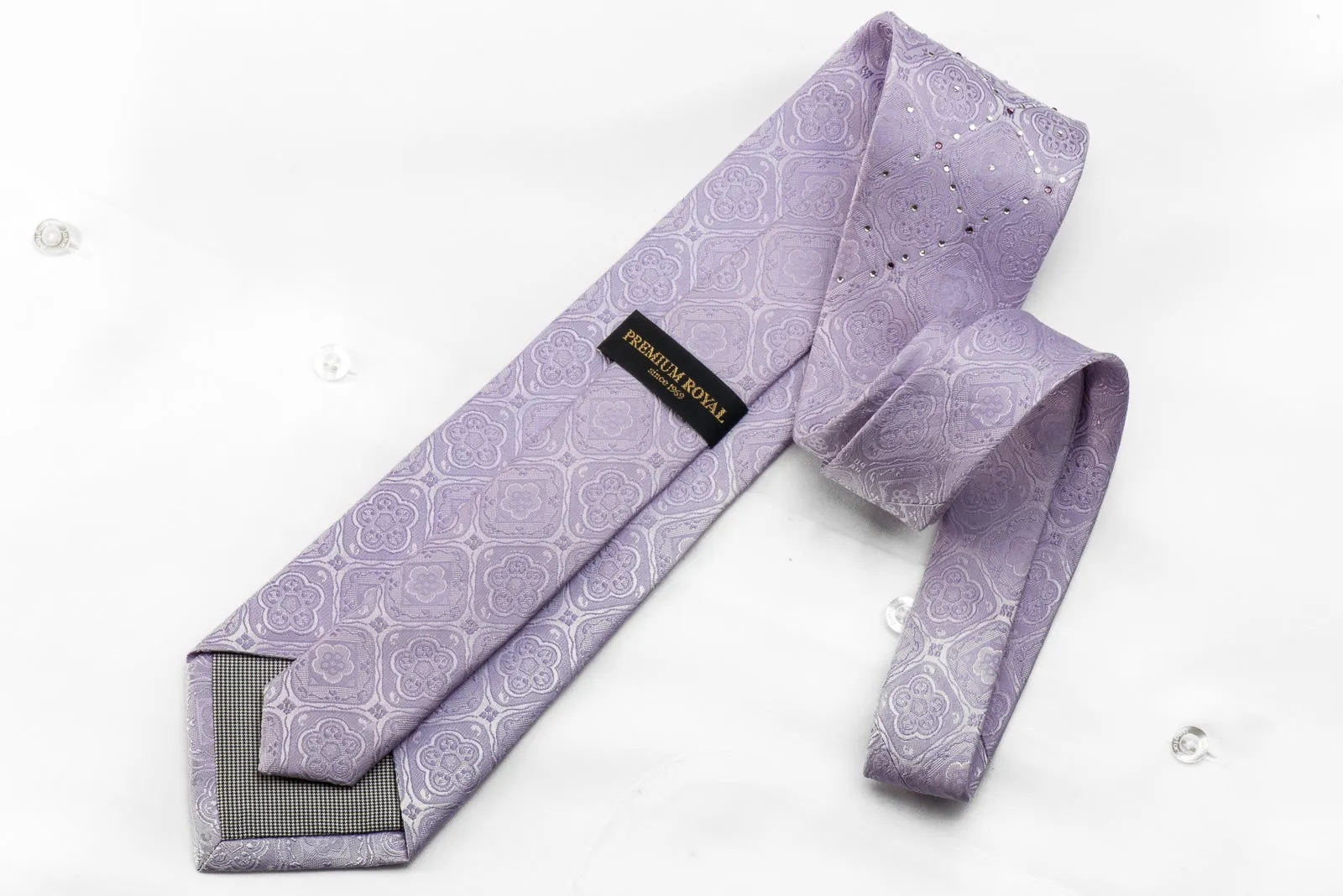 Premium Royal Men's Crystal Necktie Medallions On Mauve Silk Sparkling With Rhinestones