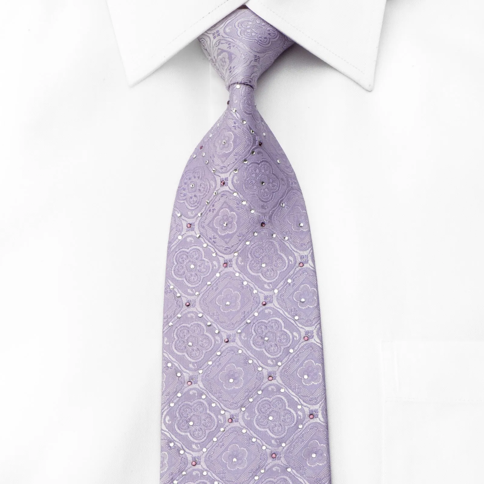 Premium Royal Men's Crystal Necktie Medallions On Mauve Silk Sparkling With Rhinestones