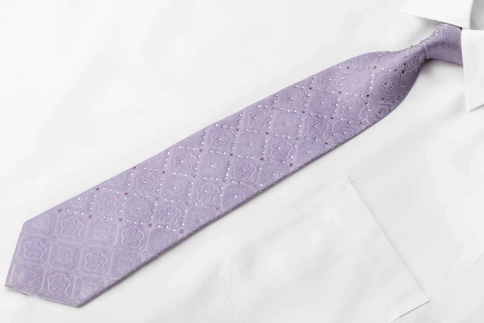 Premium Royal Men's Crystal Necktie Medallions On Mauve Silk Sparkling With Rhinestones