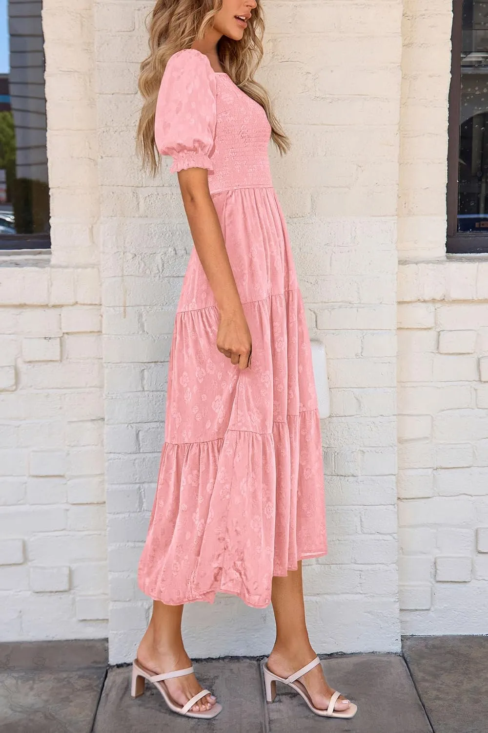 PRETTYGARDEN Women's 2025 Summer Casual Midi Dresses Square Neck Short Sleeve Smocked A Line Floral Flowy Elegant Boho Dress