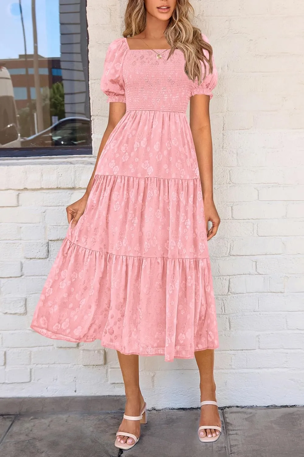 PRETTYGARDEN Women's 2025 Summer Casual Midi Dresses Square Neck Short Sleeve Smocked A Line Floral Flowy Elegant Boho Dress