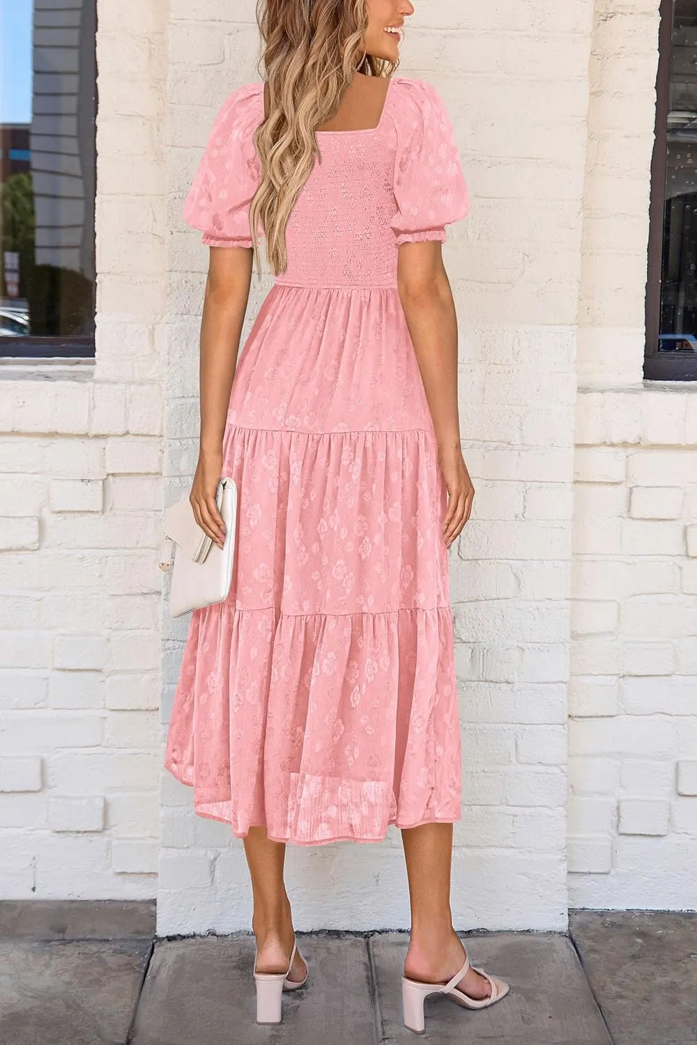 PRETTYGARDEN Women's 2025 Summer Casual Midi Dresses Square Neck Short Sleeve Smocked A Line Floral Flowy Elegant Boho Dress