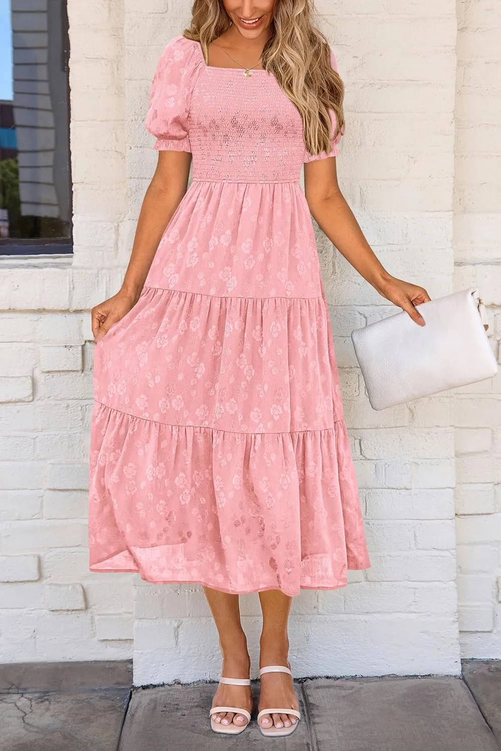 PRETTYGARDEN Women's 2025 Summer Casual Midi Dresses Square Neck Short Sleeve Smocked A Line Floral Flowy Elegant Boho Dress