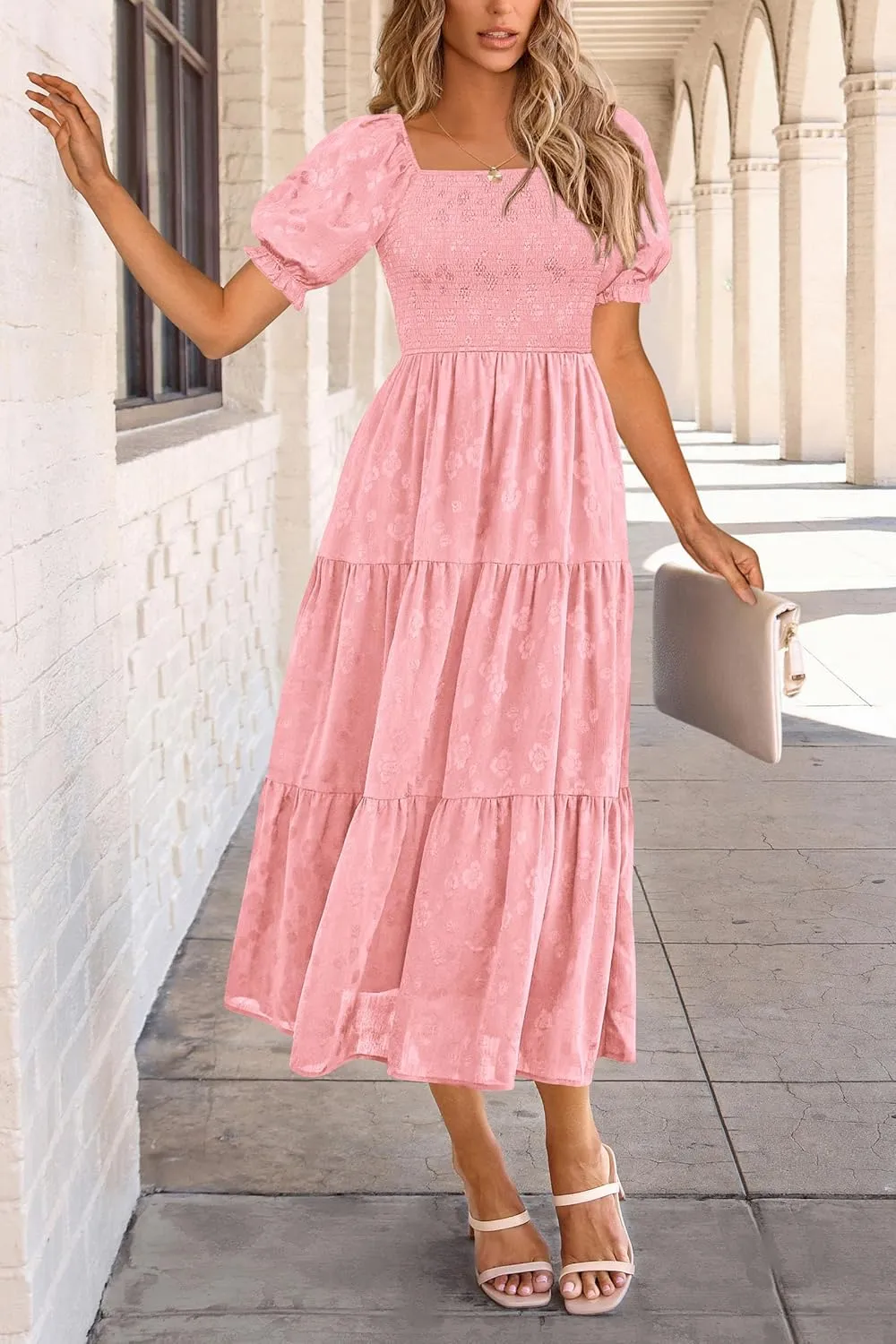 PRETTYGARDEN Women's 2025 Summer Casual Midi Dresses Square Neck Short Sleeve Smocked A Line Floral Flowy Elegant Boho Dress