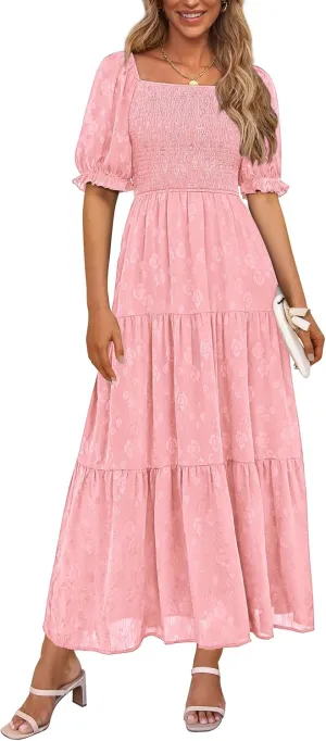 PRETTYGARDEN Women's 2025 Summer Casual Midi Dresses Square Neck Short Sleeve Smocked A Line Floral Flowy Elegant Boho Dress