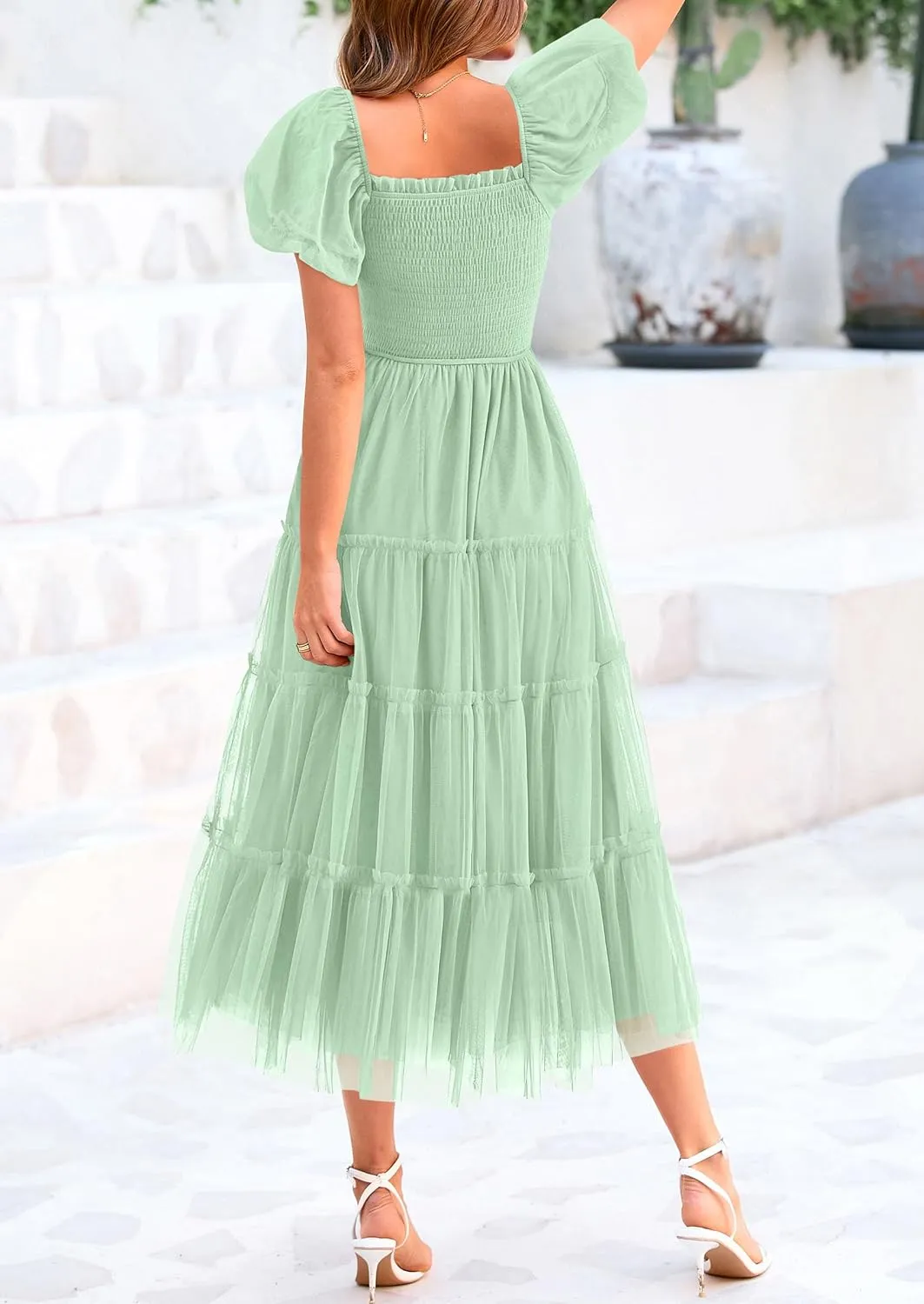 PRETTYGARDEN Women's Smocked Tulle Midi Dress 2025 Summer Square Neck Puffy Short Sleeve Ruffle Wedding Guest Party Dresses