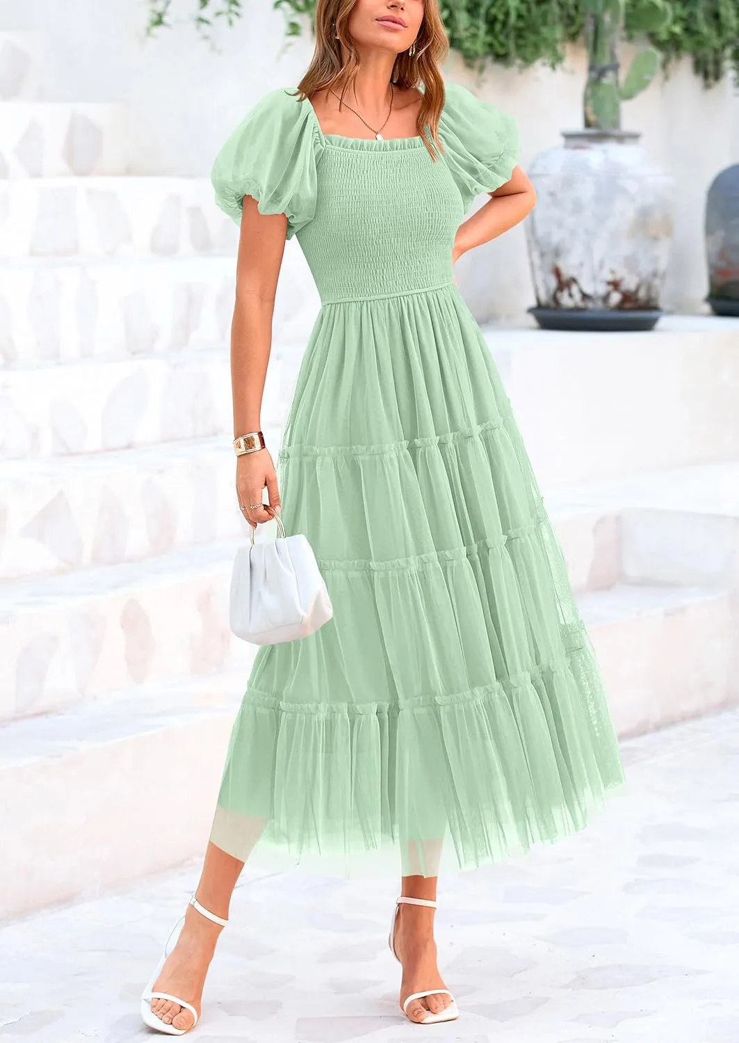 PRETTYGARDEN Women's Smocked Tulle Midi Dress 2025 Summer Square Neck Puffy Short Sleeve Ruffle Wedding Guest Party Dresses