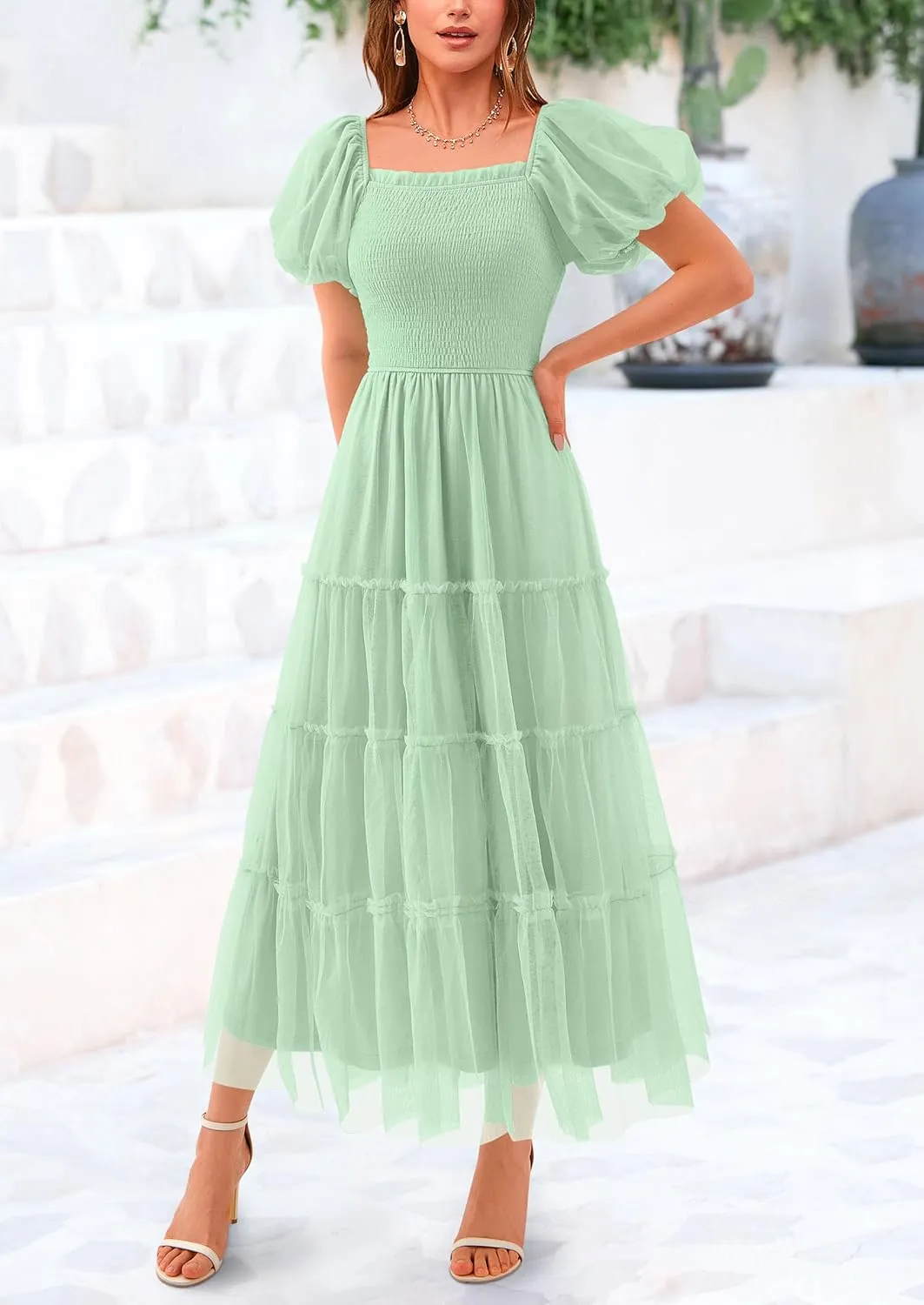 PRETTYGARDEN Women's Smocked Tulle Midi Dress 2025 Summer Square Neck Puffy Short Sleeve Ruffle Wedding Guest Party Dresses