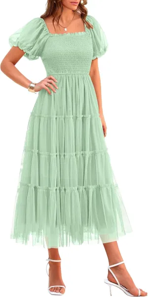 PRETTYGARDEN Women's Smocked Tulle Midi Dress 2025 Summer Square Neck Puffy Short Sleeve Ruffle Wedding Guest Party Dresses