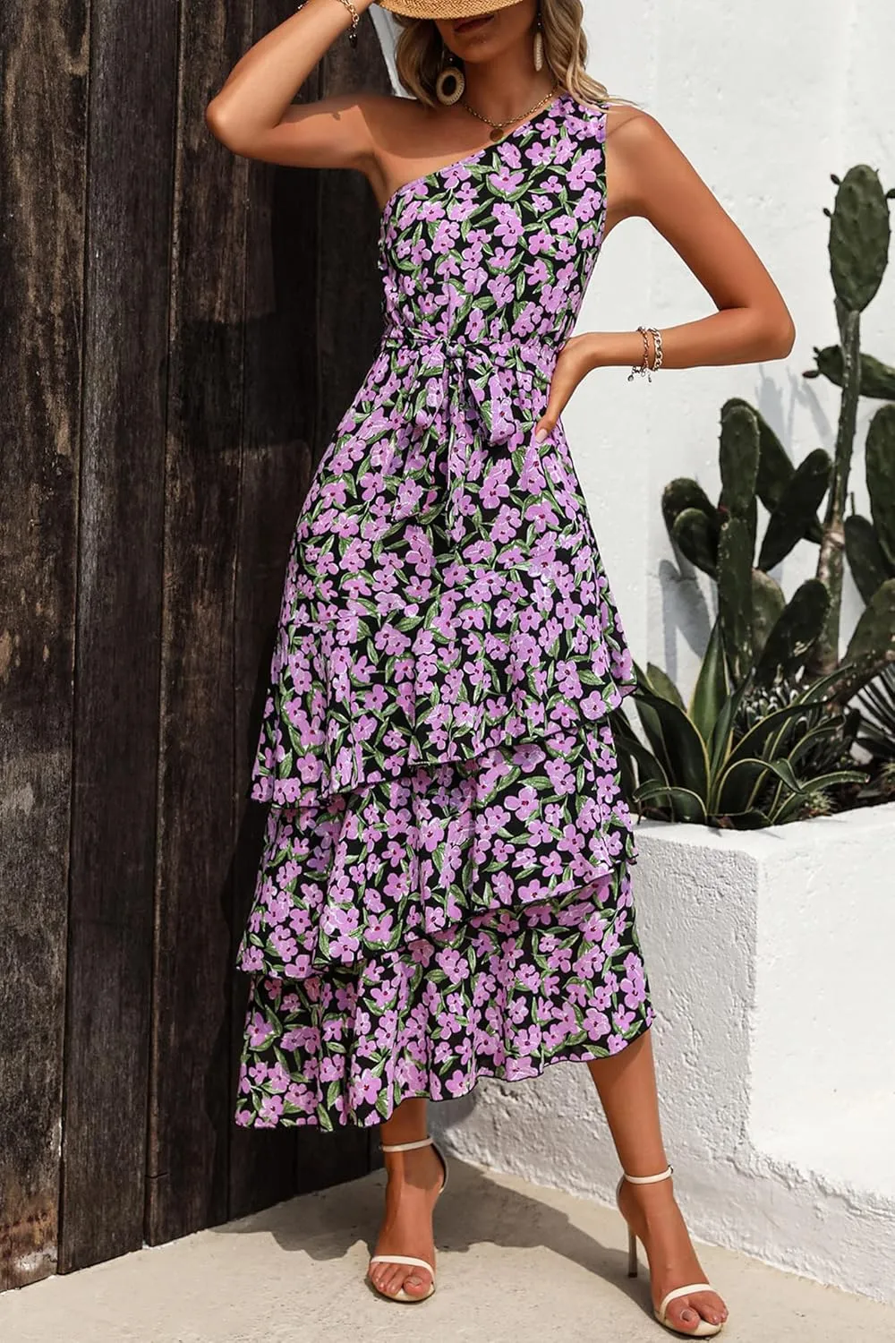 PRETTYGARDEN Women's Summer Floral Sundress Casual One Shoulder Tiered Ruffle Flowy Midi Beach Boho Dresses