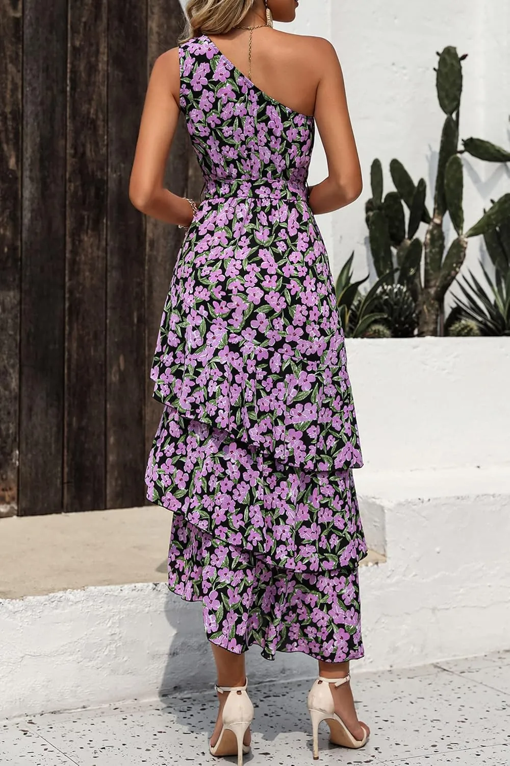 PRETTYGARDEN Women's Summer Floral Sundress Casual One Shoulder Tiered Ruffle Flowy Midi Beach Boho Dresses