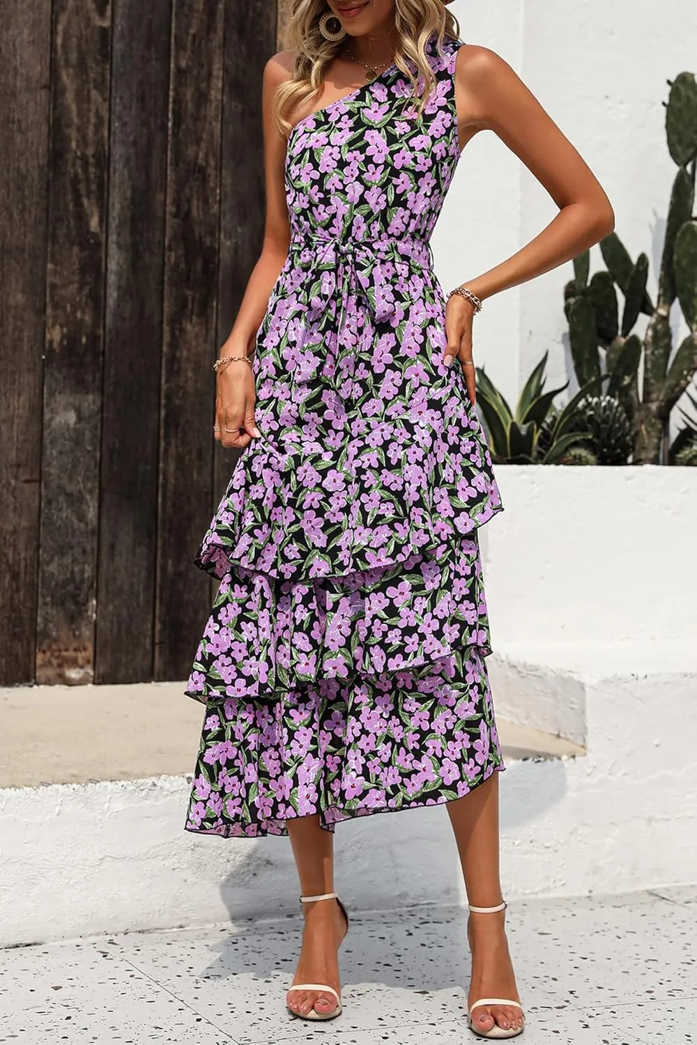 PRETTYGARDEN Women's Summer Floral Sundress Casual One Shoulder Tiered Ruffle Flowy Midi Beach Boho Dresses