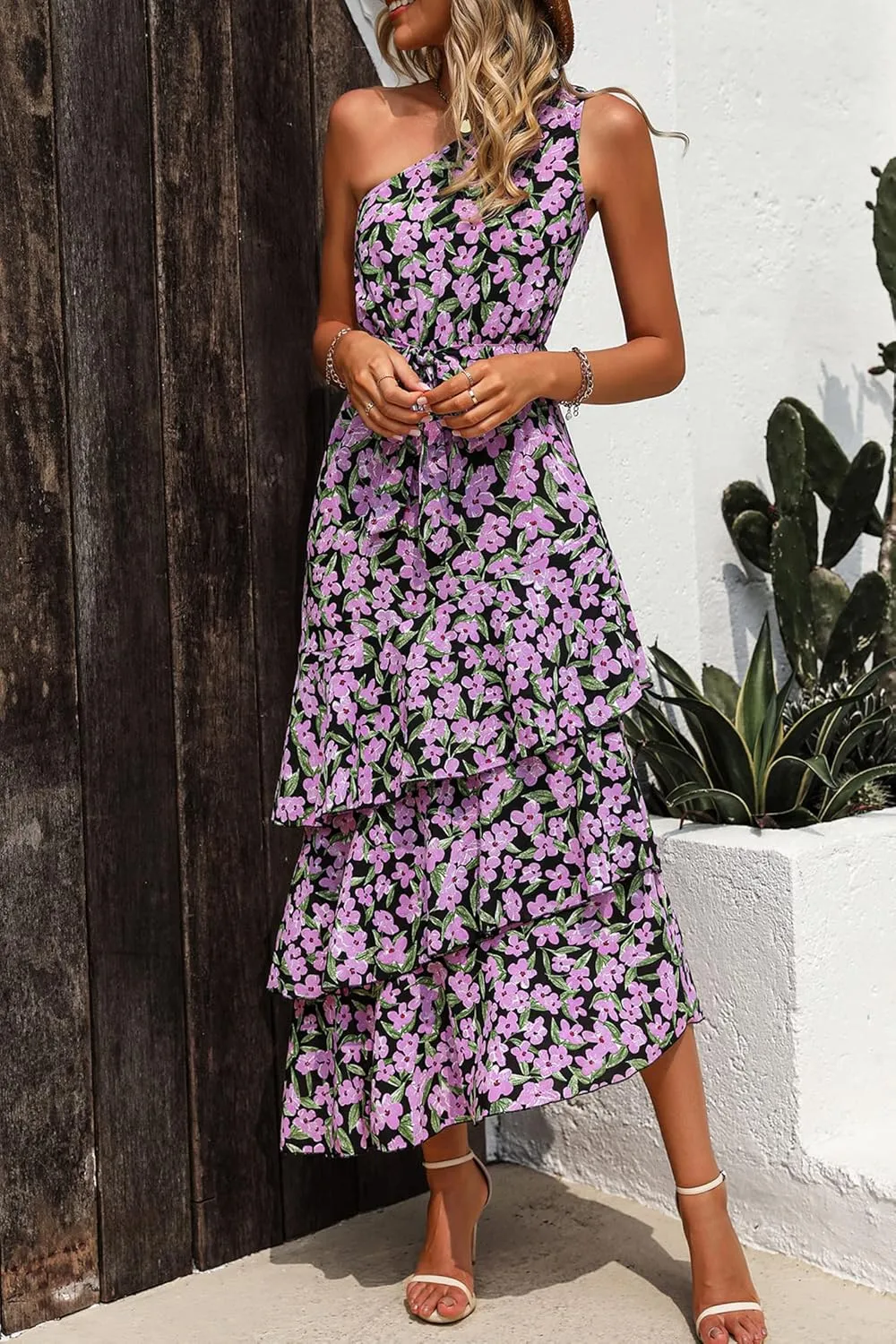 PRETTYGARDEN Women's Summer Floral Sundress Casual One Shoulder Tiered Ruffle Flowy Midi Beach Boho Dresses