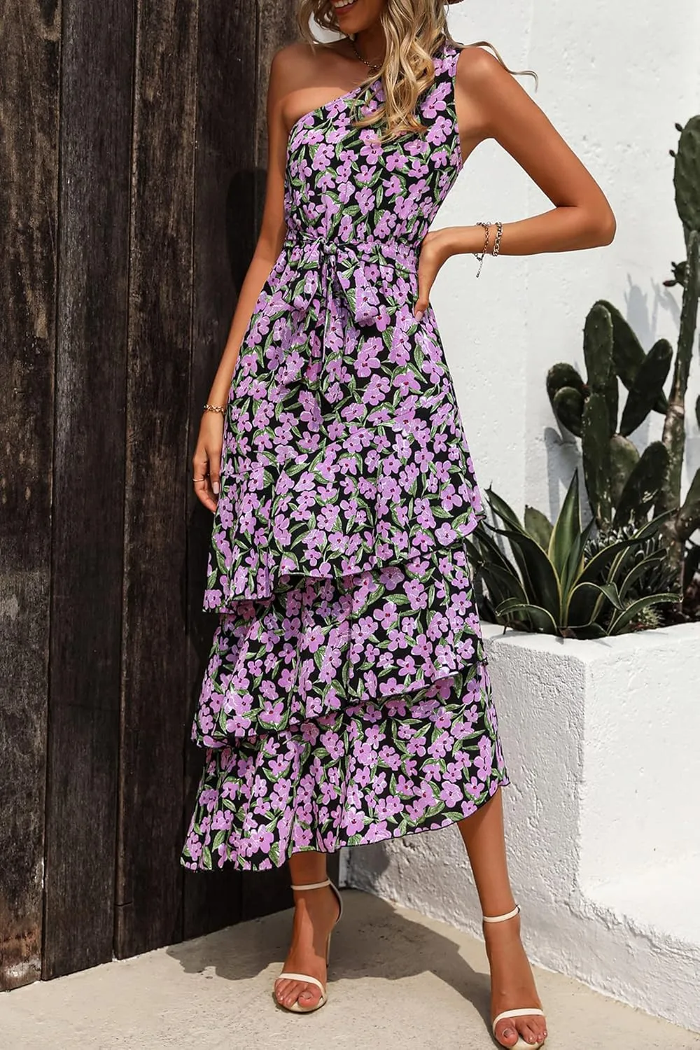 PRETTYGARDEN Women's Summer Floral Sundress Casual One Shoulder Tiered Ruffle Flowy Midi Beach Boho Dresses