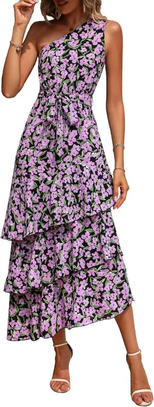 PRETTYGARDEN Women's Summer Floral Sundress Casual One Shoulder Tiered Ruffle Flowy Midi Beach Boho Dresses